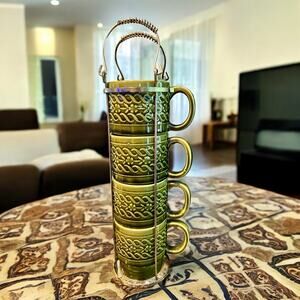 Vintage Japan Stacking Mugs w Chrome Holder-Avocado Green Retro-Midcentury-MCM